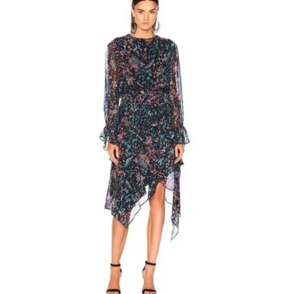 Iro Dress 36 Floral Black Midi Chiffon Lined Layers & Ruffles USA S / 4